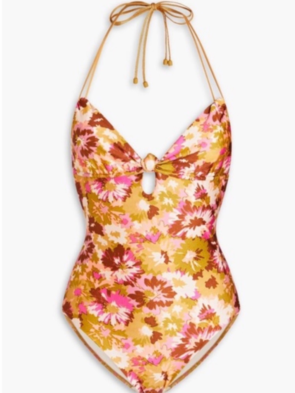 Zimmermann Violet Knotted Halter One-Piece Swimsuit in Pink, Gold & Brown